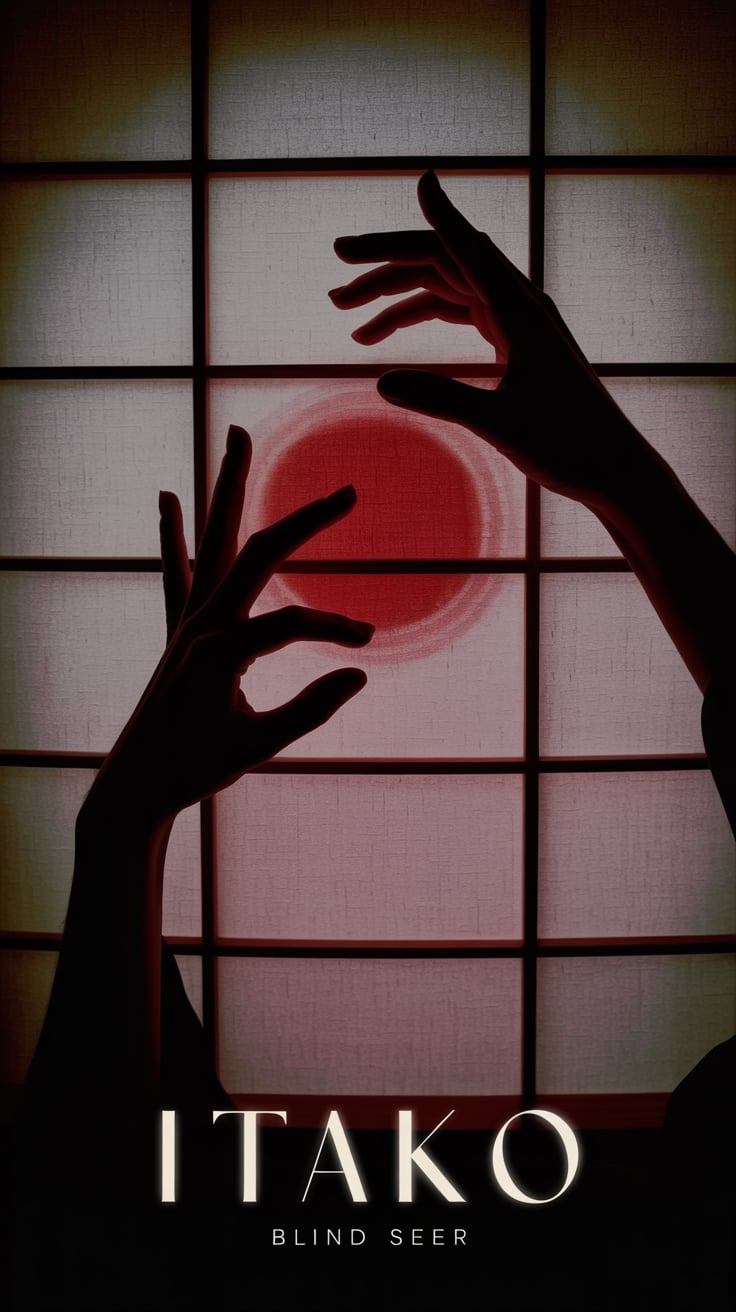 ITAKO An extreme close-up of a Japanese paper screen lit from behind, showing the paper's detailed texture. A woman's hands performing divination appear as shadows against the screen. The image has a soft lavender tint that adds mystery. The name "ITAKO" appears on the left side in a font that seems to emerge from shadows. Below in small text: "Blind Seer." The lighting creates rings of light and shadow across the image, suggesting vision beyond sight, with only the center in sharp focus against a dreamlike background.