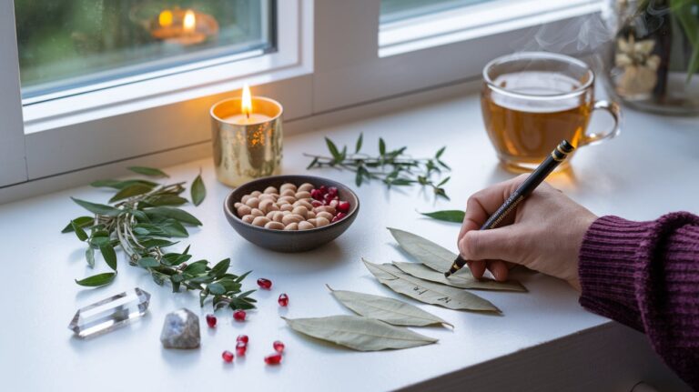 This serene windowsill arrangement highlights a pagan new year tradition of setting intentions for the year ahead. A golden candle radiates a warm glow, flanked by bowls of symbolic new year traditions food like pomegranate seeds and nuts for abundance. Fresh greenery and crystals enhance the mystical vibe, while a hand writes wishes on bay leaves, honoring witchy new year traditions practiced for centuries. A steaming cup of tea adds a calming touch to this globally inspired ritual, reflecting new year traditions around the world.