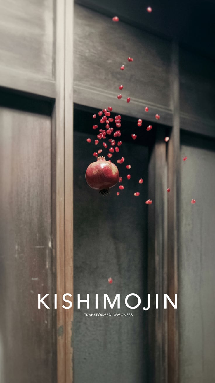 KISHIMOJIN A tilted angle close-up of a pomegranate breaking open against an ancient Japanese temple doorway, shot with a lens that blurs parts of the image. Ruby-red seeds spill out, frozen in mid-air. The image has a rich purple tint that adds mystery. The name "KISHIMOJIN" appears in the lower half in a sharp-edged yet elegant font. Below in small text: "Transformed Demoness." Side lighting creates stark shadows across the temple while a spotlight highlights the falling pomegranate seeds.