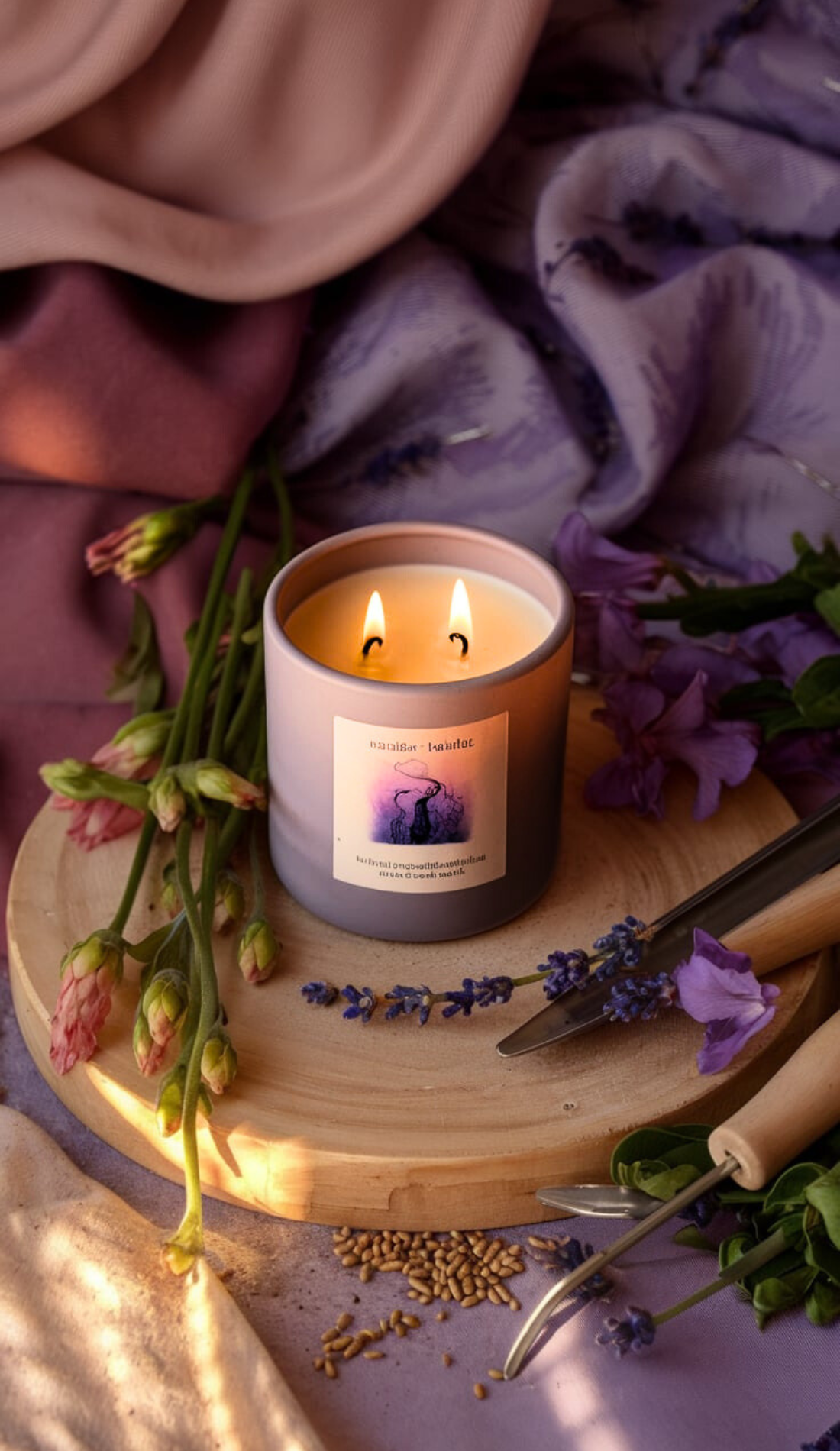 Dual-wick lavender-scented candle in a ceramic jar, surrounded by lavender flowers, seeds, and gardening tools. This image blends elements of growth and light, providing inspiration for readers looking to connect with nature during Imbolc.
