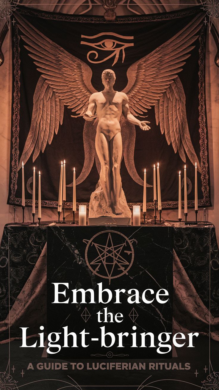 A captivating altar setup featuring candles, an angelic statue, and the Eye of Horus backdrop. This image evokes the transformative and empowering practices of Luciferian rituals, guiding spiritual growth and self-discovery. If you explore this, you’ll love connecting with these meaningful and symbolic practices for personal empowerment!