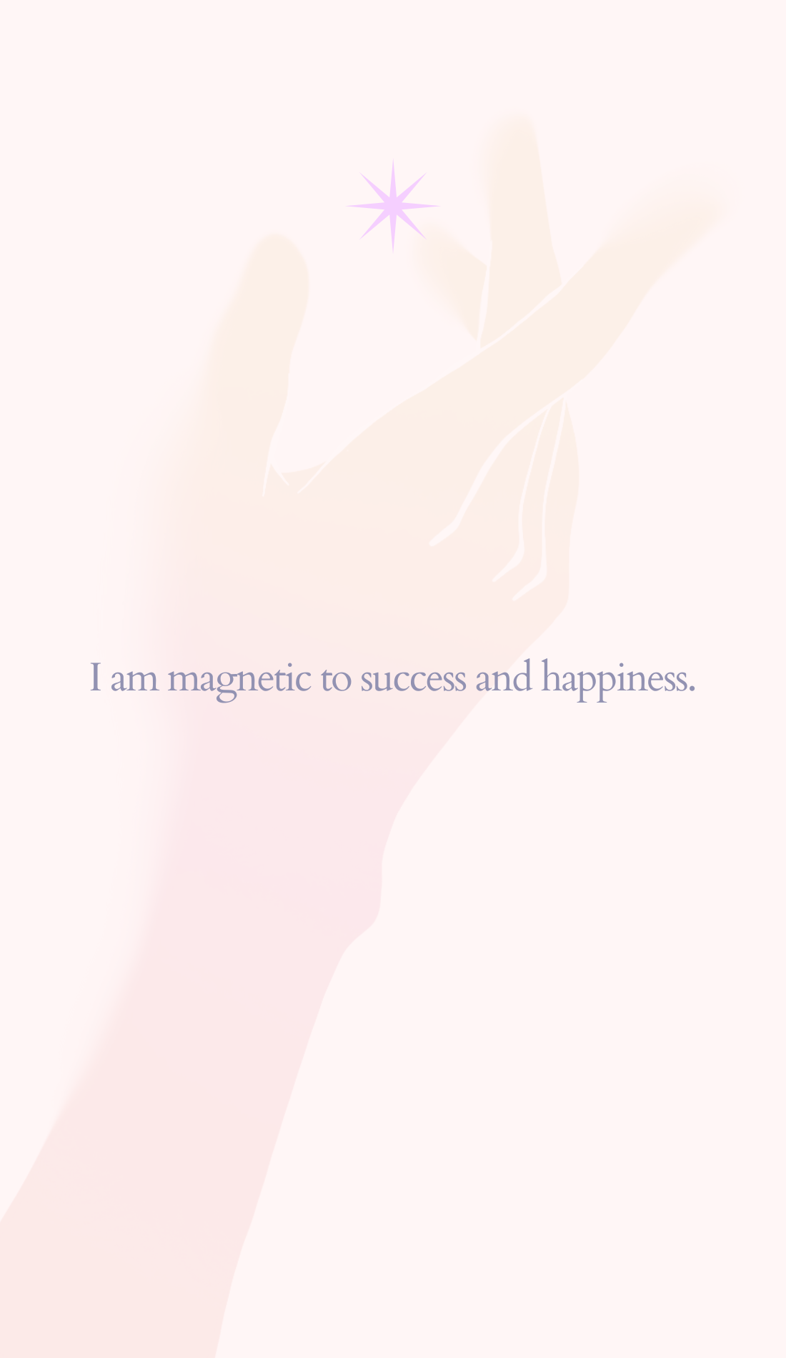 A minimal illustration of a glowing hand reaching for a lavender star is paired with the affirmation, "I am magnetic to success and happiness." This aesthetic manifestation wallpaper inspires self-confidence and is perfect for vision boards and spiritual healing.