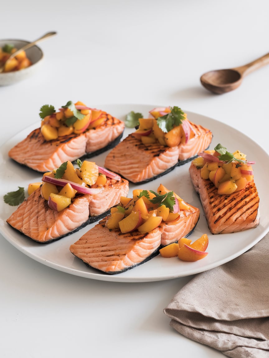 Lughnasadh salmon dinner idea Five grilled salmon fillets are plated on a simple white dish, each piece adorned with a generous scoop of peach salsa. The salsa’s bright peach chunks, slices of red onion, and sprigs of cilantro enhance the natural golden char of the salmon. A neutral beige napkin rests beside the plate, while a small bowl of extra salsa and a wooden spoon sit blurred in the background, emphasizing a minimalist, homey setting. The lighting is soft and diffused, creating a natural, fresh vibe.