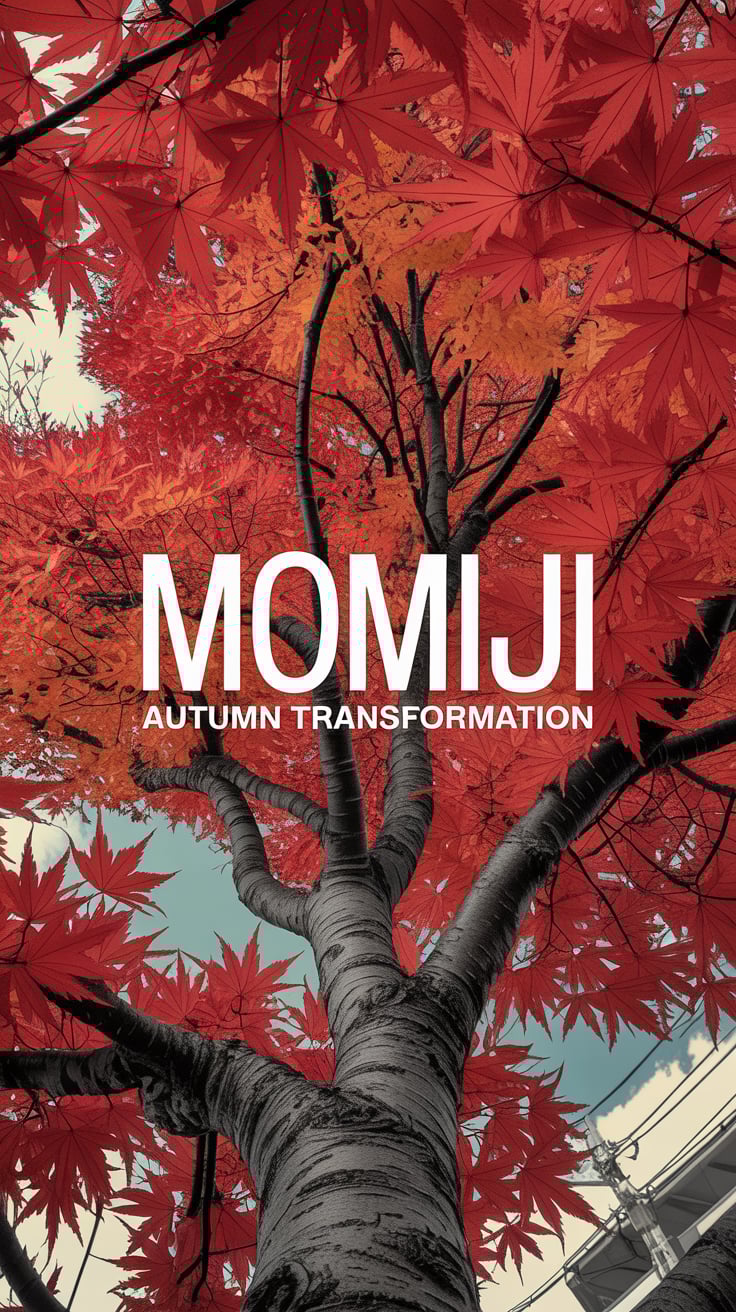 MOMIJI A wide-angle shot looking up through a Japanese maple tree with vibrant red leaves, creating a kaleidoscope effect. The image has a warm burnt orange tint that enhances the autumn feeling. The name "MOMIJI" appears in the center. Below in small text: "Autumn Transformation." The edges of the image naturally darken while backlighting makes the leaves glow.
