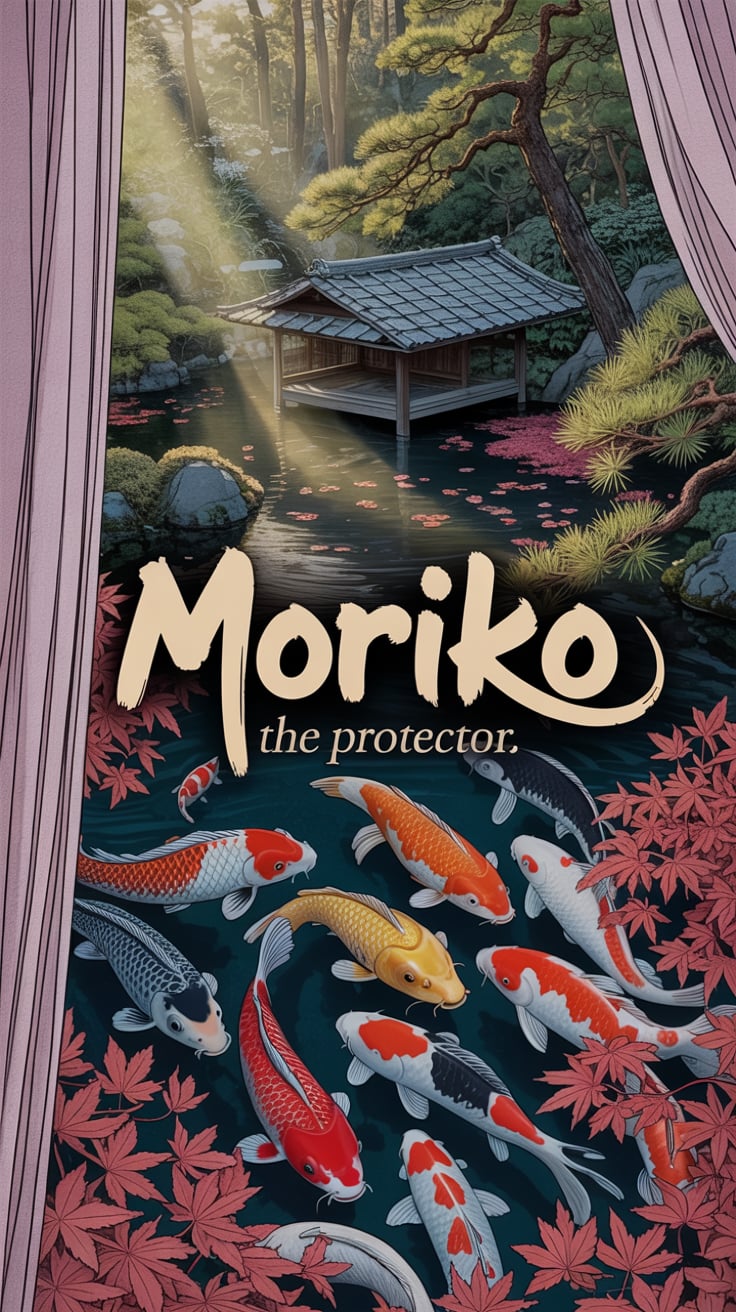 MORIKO An aerial view of a traditional Japanese garden with a serene koi pond at dawn. Morning mist rises from the water as autumn maple leaves drift across the surface. A small wooden pavilion stands on the shore, offering shelter for meditation and communion with nature. The image has a deep forest green tint that enhances the tranquil atmosphere. The name "MORIKO" appears in the center in an elegant brushstroke font resembling Japanese calligraphy. Below in small text: "The Protector." Golden sunrise light filters through the branches of towering pines, creating a peaceful sanctuary that evokes the essence of protection and natural harmony.
