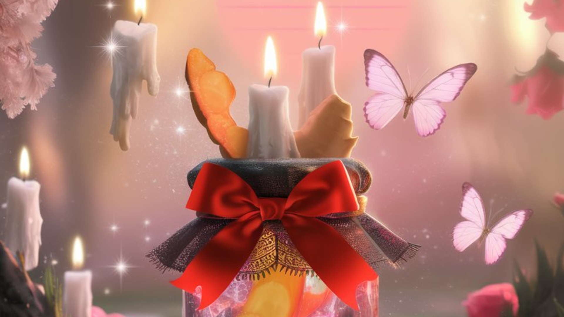 A whimsical jar decorated with a red bow and filled with glowing ginger slices and a luminous carnelian stone. The scene features floating candles, pastel butterflies, pink roses, and sparkling crystals, all bathed in a soft, dreamlike glow that evokes wonder and magic.