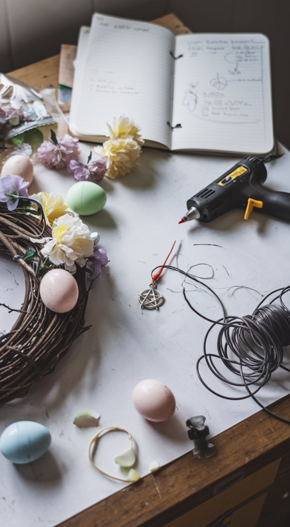 A cluttered crafting table filled with supplies for creating an Easter wreath. The scene includes an open notebook with handwritten notes and diagrams, artificial pastel flowers, colorful plastic eggs, a glue gun, floral wire, and a metal pentacle charm. The table’s surface shows signs of active crafting, with small flower petals and scraps of material scattered across it, emphasizing the creative process.