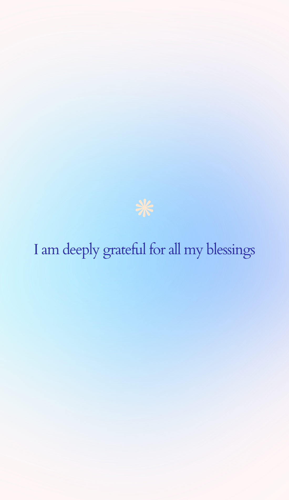 A gradient of sky blue fading to soft pink forms the backdrop for the affirmation, "I am deeply grateful for all my blessings," with a delicate starburst icon. This positive aura wallpaper is perfect for a spiritual wallpaper or self-healing affirmation.