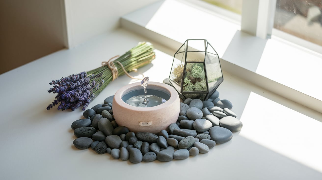 A small geometric terrarium filled with vibrant green moss, placed on a sunlit windowsill. Smooth black river stones form a circular base, and a bundle of fresh lavender adds a soft touch to the serene display.