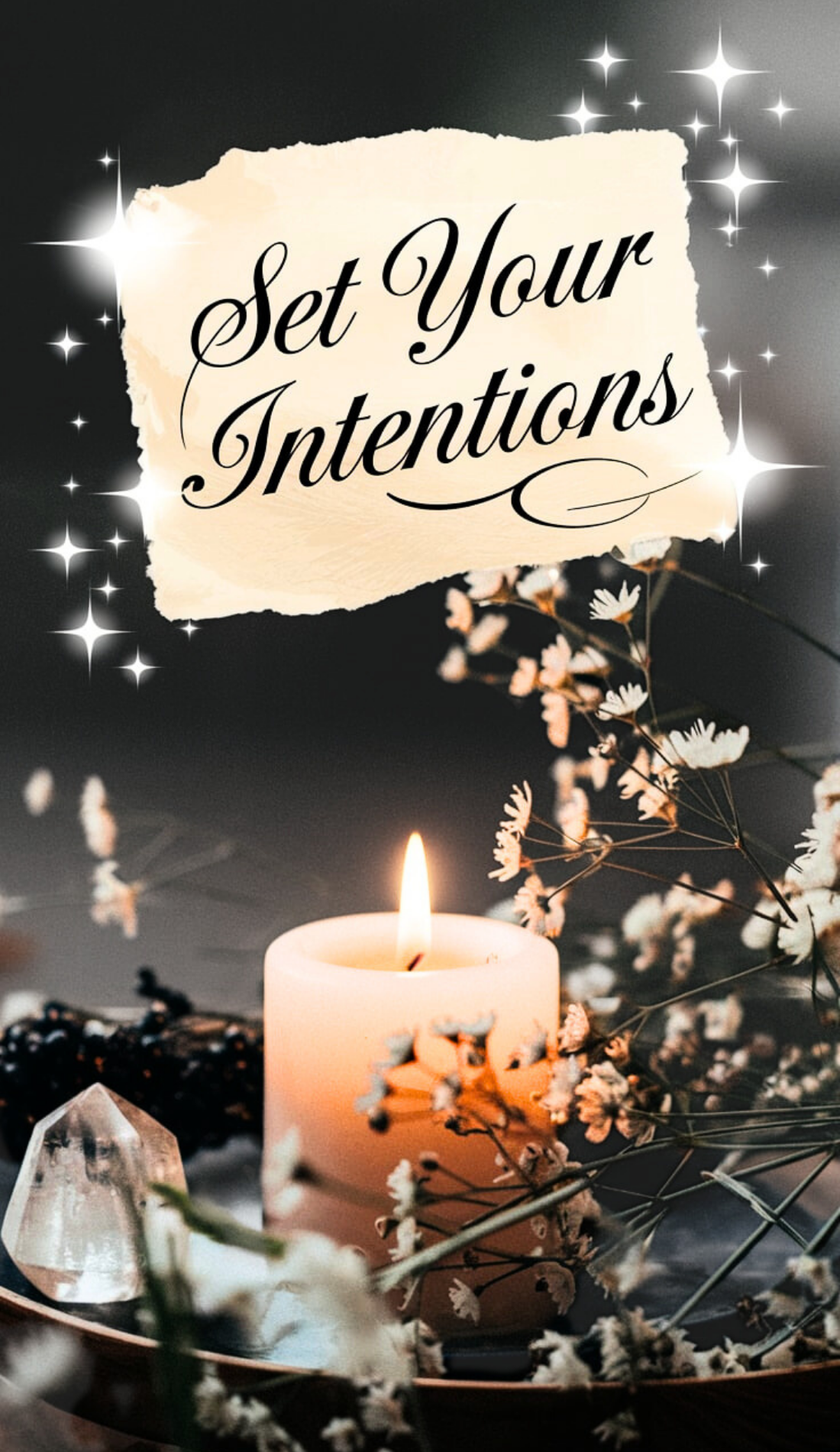 A glowing white candle surrounded by delicate baby's breath flowers and a handwritten note reading 'Set Your Intentions.' Represents morning ritual ideas for witch spirituality and healing morning routines, blending inspirational affirmations with holistic self-care activities. Ideal for energizing morning routines and positive morning mantras.