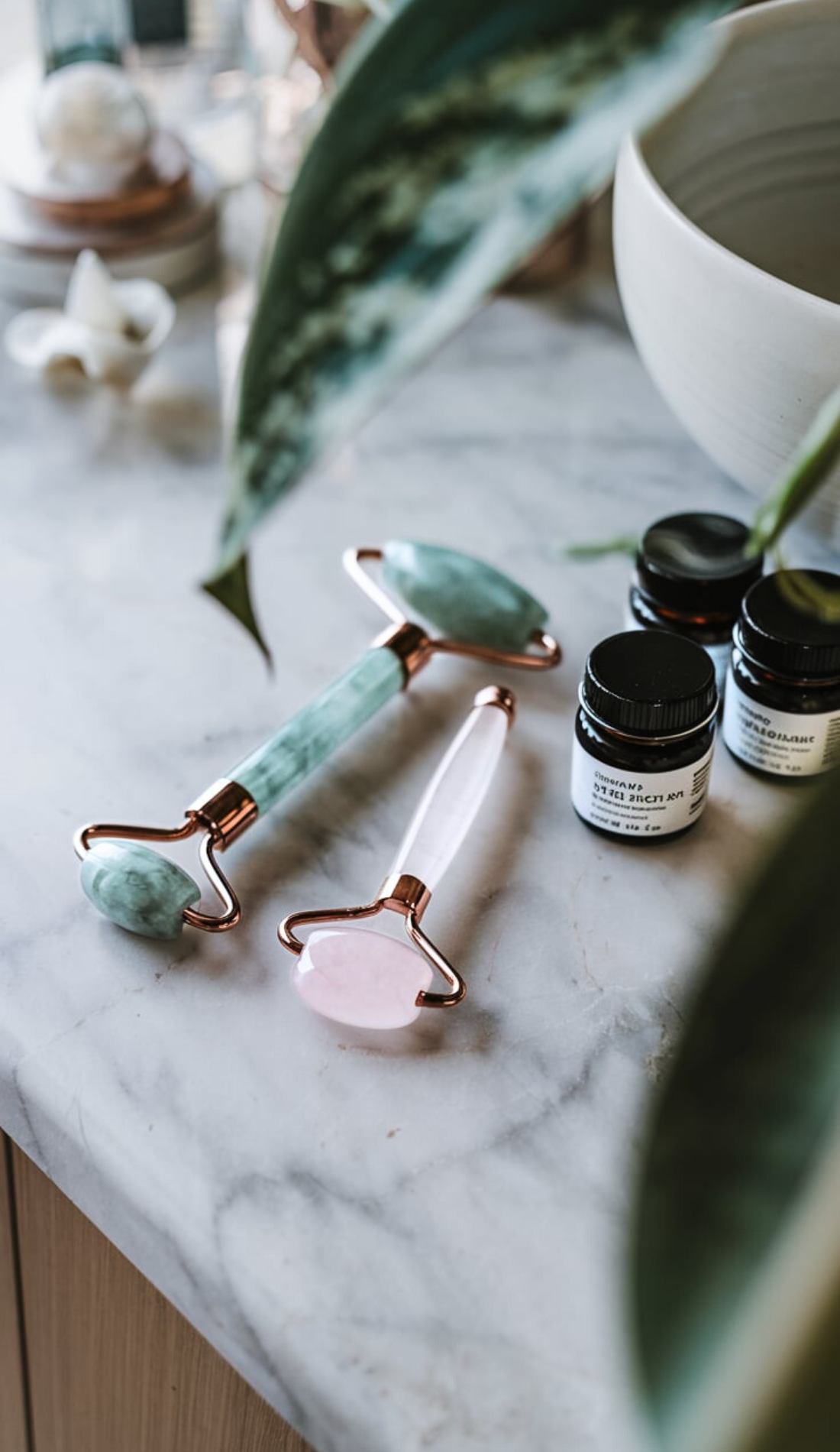 Green and rose quartz jade rollers are neatly arranged on a marble countertop alongside small skincare bottles and greenery. Captures a wellness morning routine and holistic morning routine for women affirmations and self-care activities. Ideal for a healthy morning routine with an energizing and healing focus.