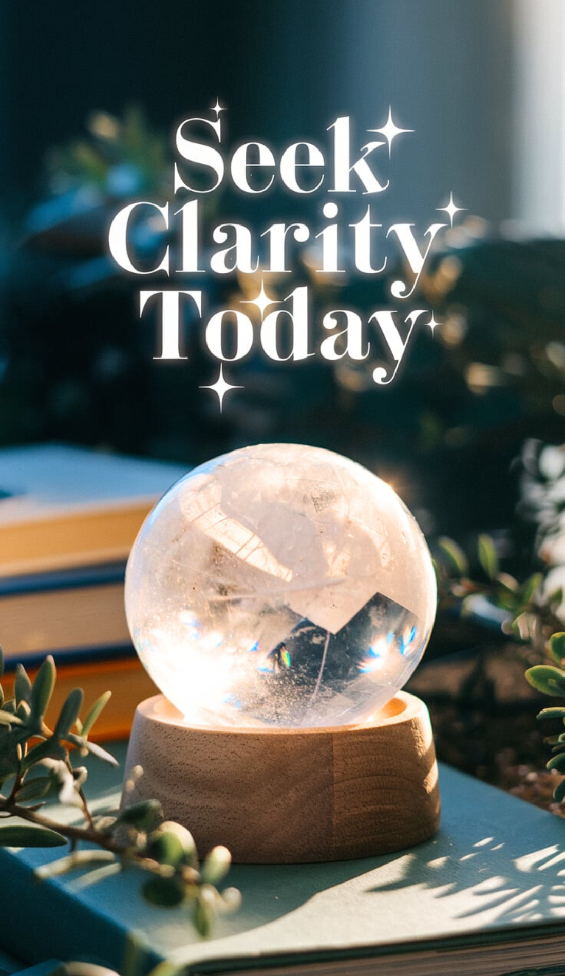 A crystal ball reflecting light sits on a wooden stand surrounded by greenery and books, with text reading 'Seek Clarity Today.' Embodies witchy morning routines, vision board inspiration, and mental clarity through energy healing spirituality. Encourages manifesting a good day with focus and intention.