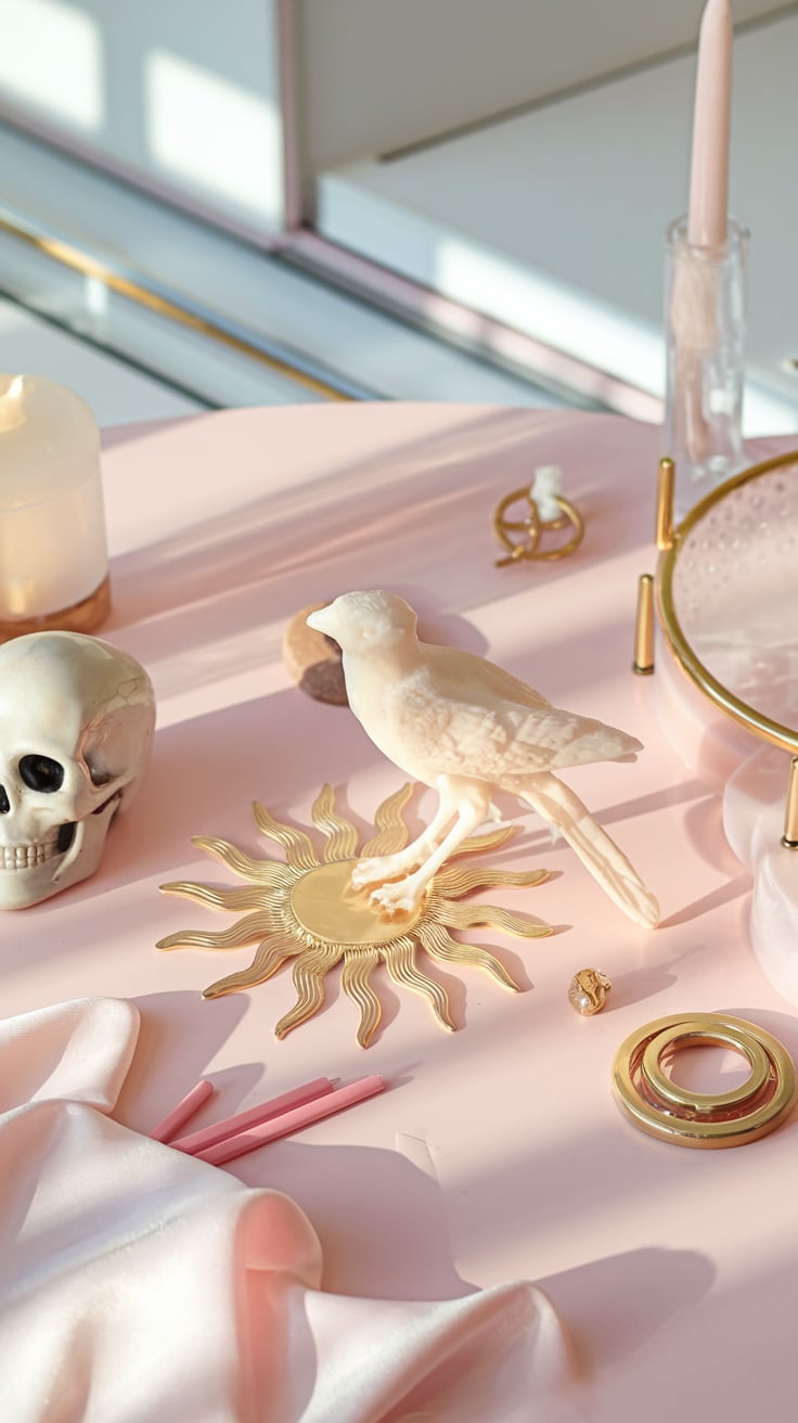 A pastel pink table with a soft, clean aesthetic. The scene features a small white skull, a cream-colored bird figurine perched on a golden sun symbol, and a glowing white candle. Surrounding the objects are subtle gold accents and pink satin fabric, bathed in warm sunlight, creating an airy and magical ambiance.