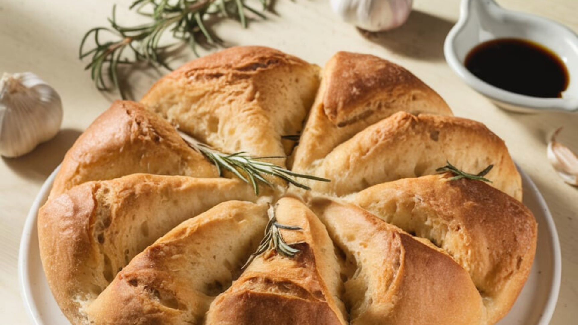 A close-up of perfectly baked focaccia bread, capturing its crisp, golden crust and pillowy interior. Sprigs of rosemary are tucked into the crevices of the bread, with roasted garlic bulbs adding a caramelized texture. The minimalist setting, featuring soft wooden tones and a clean white plate, reflects the rustic simplicity of Lughnasadh offerings.