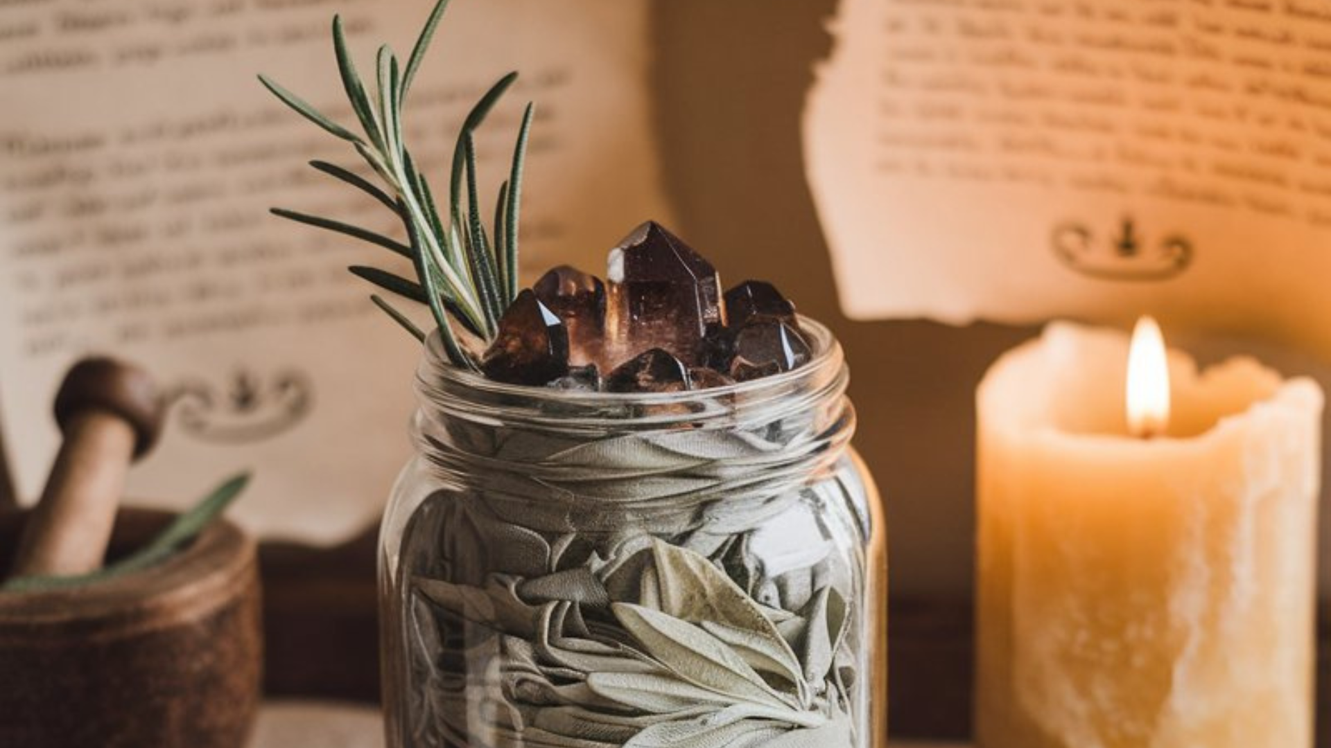 Personal transformation jar setup A detailed transformation jar, featuring carefully placed smoky quartz crystals, sage bundles, and a base of seeds within a glass jar. The setup includes warm candlelight, dried herbs, and hand-drawn sigils on parchment paper pinned to the wall. A woven coaster and linen accents add natural textures to the softly lit, magical arrangement.