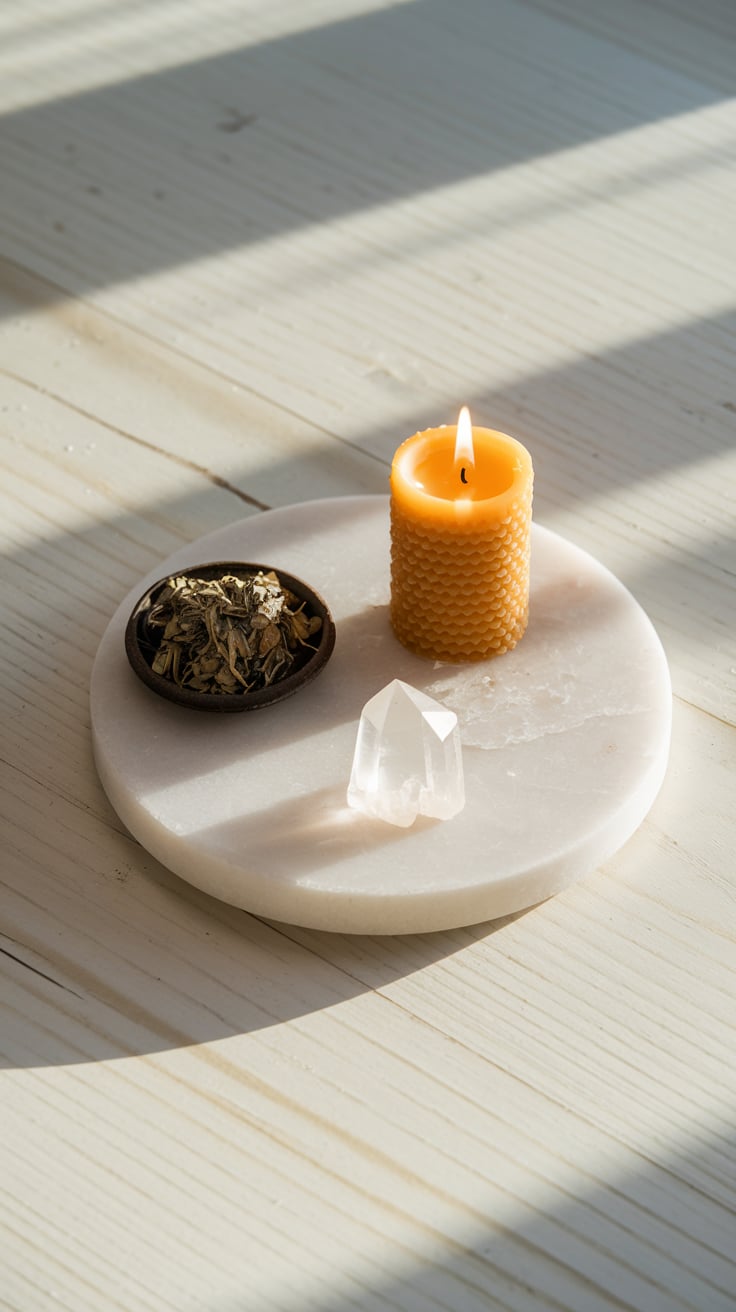 Personalizing magical spell practices A close-up of a round marble tray holding a lit beeswax candle, a small bowl of dried herbs, and a clear quartz crystal. The natural sunlight casting shadows across the surface emphasizes the simplicity and intentionality of personalized magic.