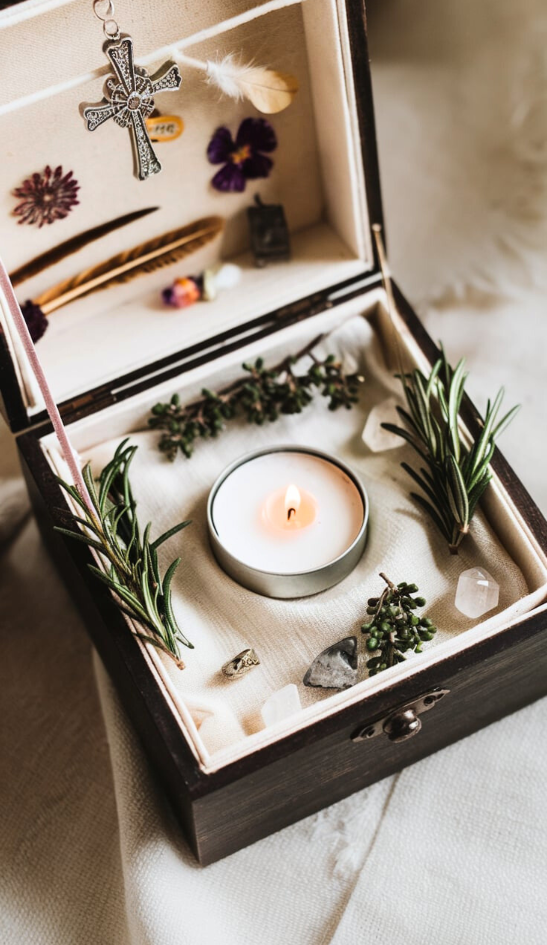 Portable Imbolc altar in a wooden box with rosemary, a tealight candle, crystals, and symbolic decorations. This image demonstrates a compact and meaningful altar design, perfect for those who need a travel-friendly or minimalistic option for their rituals.