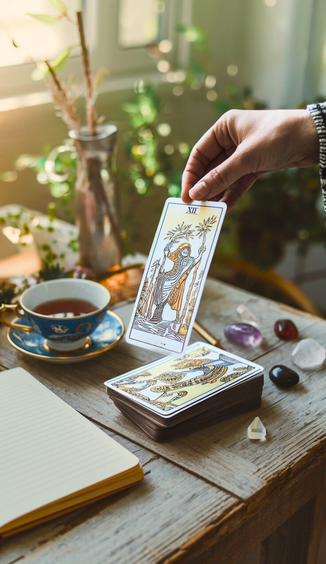 A hand holds a tarot card over a wooden table adorned with a tarot deck, crystals, a notebook, and a steaming cup of tea. Symbolizes witch spirituality, morning grounding rituals, and intuitive practices. Ideal for morning ritual ideas that incorporate mindfulness and clarity.