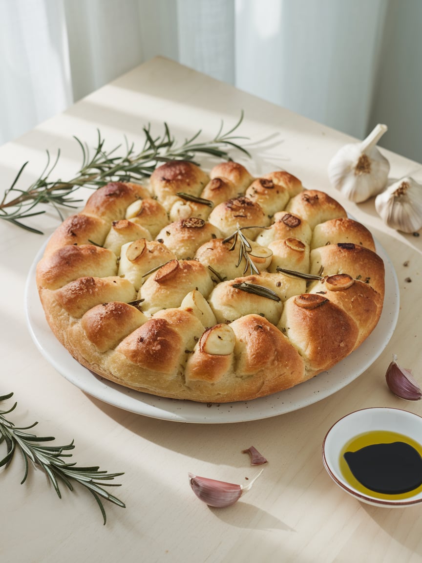 A bright and inviting table scene showcasing a round focaccia bread with perfectly scored segments. Each piece reveals a fluffy interior, accentuated by caramelized garlic cloves and fresh rosemary. The soft, sunlit backdrop and surrounding offerings—garlic bulbs and bowls of olive oil—emphasize a sense of community and celebration in honor of Lughnasadh.