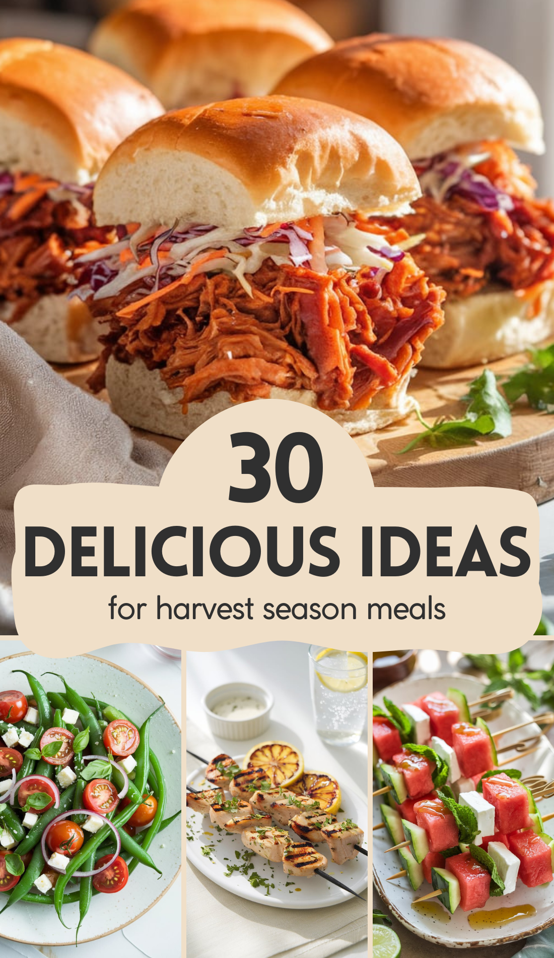 Pulled jackfruit sliders with slaw served on soft, golden buns, paired with sides like green bean salad, grilled lemon herb chicken skewers, and refreshing watermelon-feta skewers. The scene feels celebratory and communal, perfect for a Lammas feast marking the end of summer.