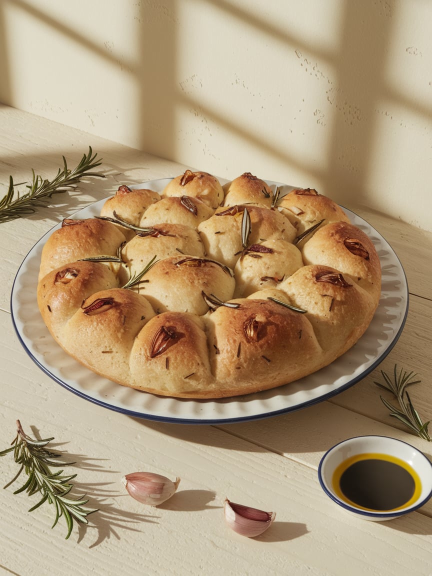 A round focaccia loaf, meticulously decorated with roasted garlic cloves and rosemary sprigs, sits on a blue-rimmed ceramic plate. The bread is bathed in warm sunlight streaming through a window, with scattered rosemary and garlic around the table. The image embodies the essence of Lughnasadh through its focus on natural elements and harvest abundance.