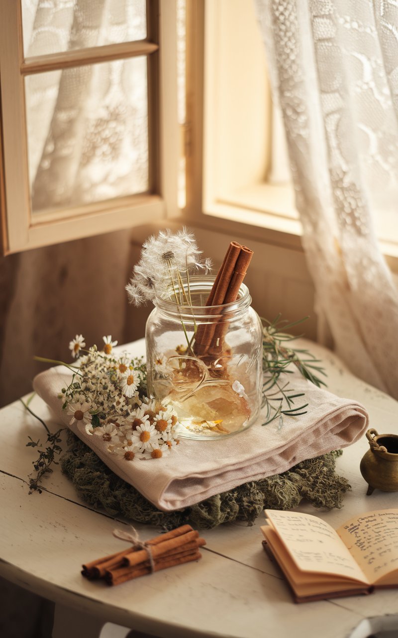 A charming, cottagecore-inspired scene with a dandelion wish jar containing a citrine crystal and cinnamon sticks, set on a cream linen cloth over fresh moss. The setup includes bundles of chamomile flowers and rosemary sprigs, with lace curtains framing an open window. Soft, golden light bathes the scene, giving it a dreamy and magical atmosphere.