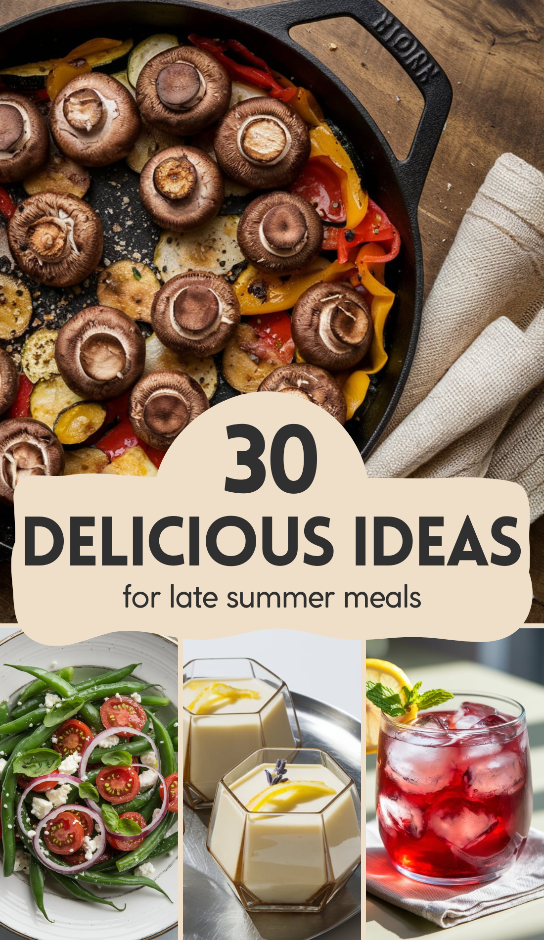 A vibrant cast iron skillet filled with roasted vegetables like zucchini, peppers, and mushrooms, resting on a rustic wooden table. Below, a side of green bean and cherry tomato salad, creamy lavender panna cotta, and a sparkling berry cocktail. The image embodies the charm of late summer and seasonal abundance, ideal for a gathering of witchy friends celebrating the harvest.