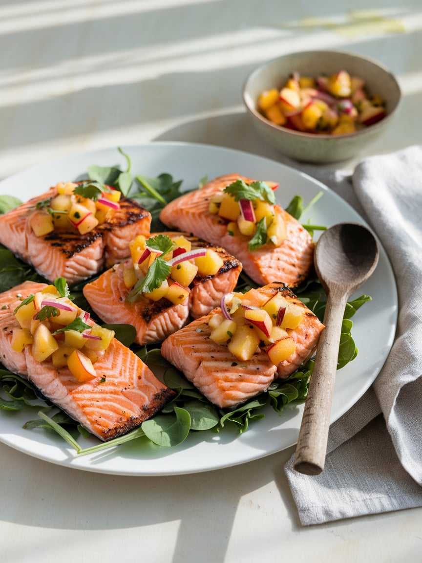 Rustic grilled salmon plate Grilled salmon fillets are beautifully presented on a bed of fresh green salad leaves on a white plate. Each fillet is crowned with a generous helping of peach salsa, featuring vibrant peach chunks, thinly sliced red onion, and cilantro. The sunlight streams across the table, casting soft shadows and creating a bright, summery atmosphere. A rustic wooden spoon and a bowl of salsa are strategically placed in the background, enhancing the fresh and inviting aesthetic.