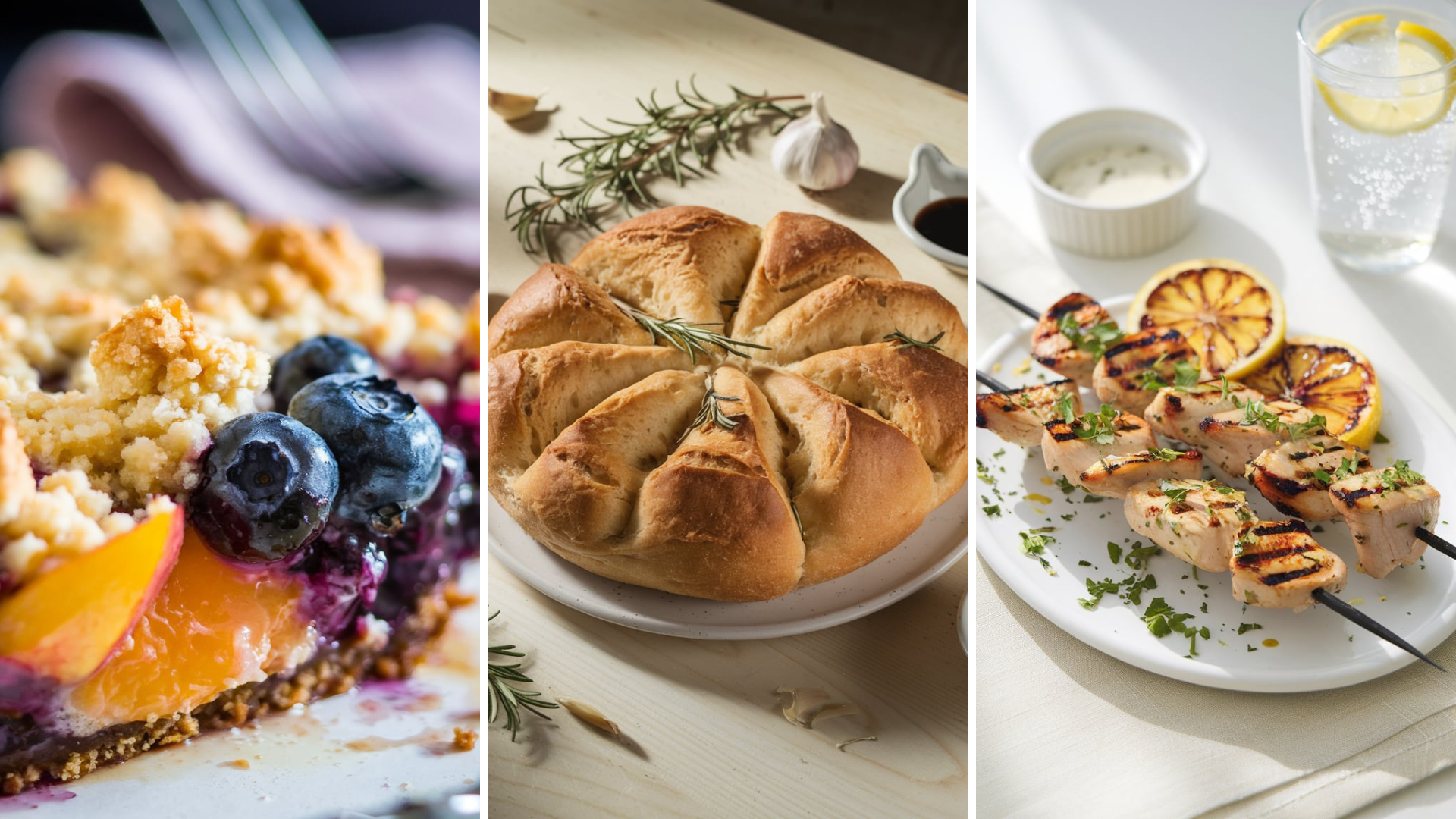 A close-up of a peach and blueberry crumble with golden, buttery topping, rosemary-studded pull-apart bread, and grilled lemon herb chicken skewers. The dishes rest on a rustic wooden table adorned with lavender sprigs, garlic, and simple serving plates, evoking the earthy charm of a modern witchy harvest meal.
