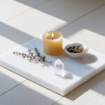 A clean and airy image of a marble slab holding a burning beeswax candle, a small bowl of herbs, and a crystal point. The background is bright and sunlit, with subtle shadows that convey a sense of calm and focus in a minimalist magical setting.
