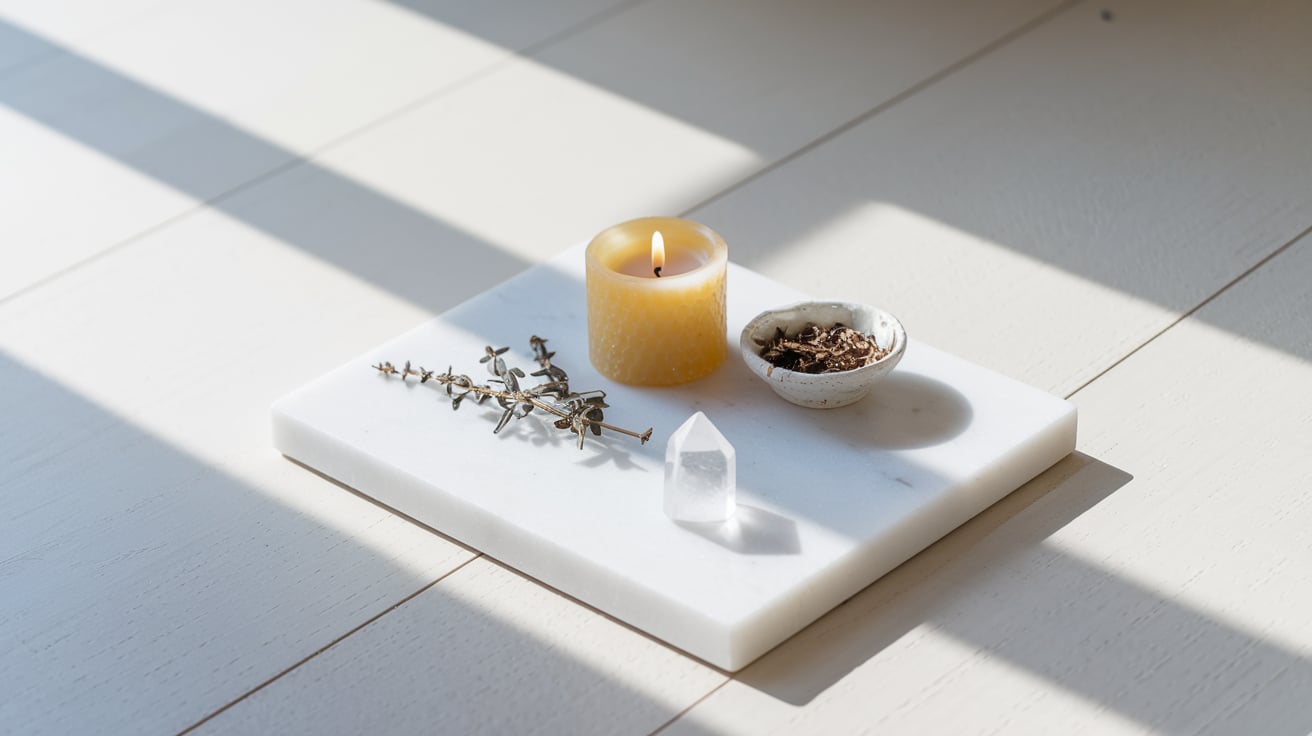 Simple minimalist altar setup A clean and airy image of a marble slab holding a burning beeswax candle, a small bowl of herbs, and a crystal point. The background is bright and sunlit, with subtle shadows that convey a sense of calm and focus in a minimalist magical setting.