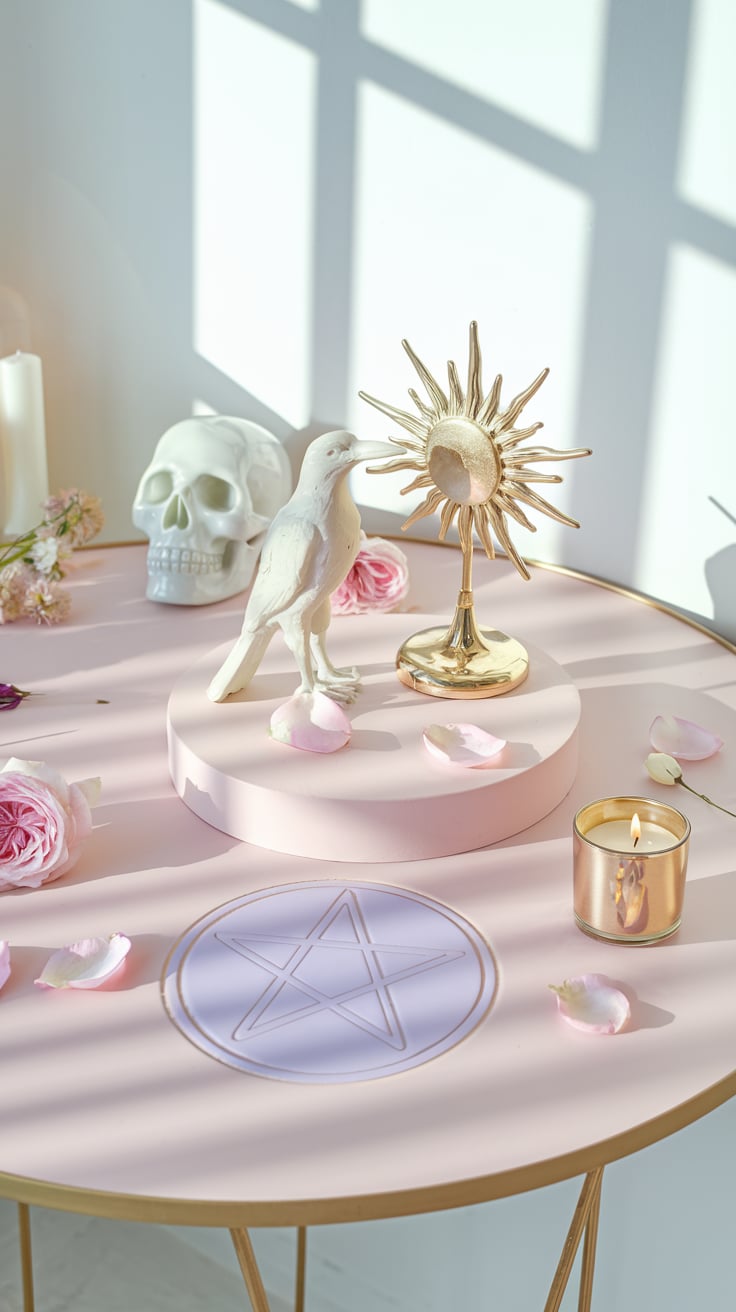 A soft pink tabletop scene celebrating Sol Invictus with a pastel witch aesthetic. The display includes a white raven perched beside a gold sunburst sculpture, a small white skull, and pastel pink roses. A gold candleholder with a lit candle and delicate shadows create a bright, serene ambiance.