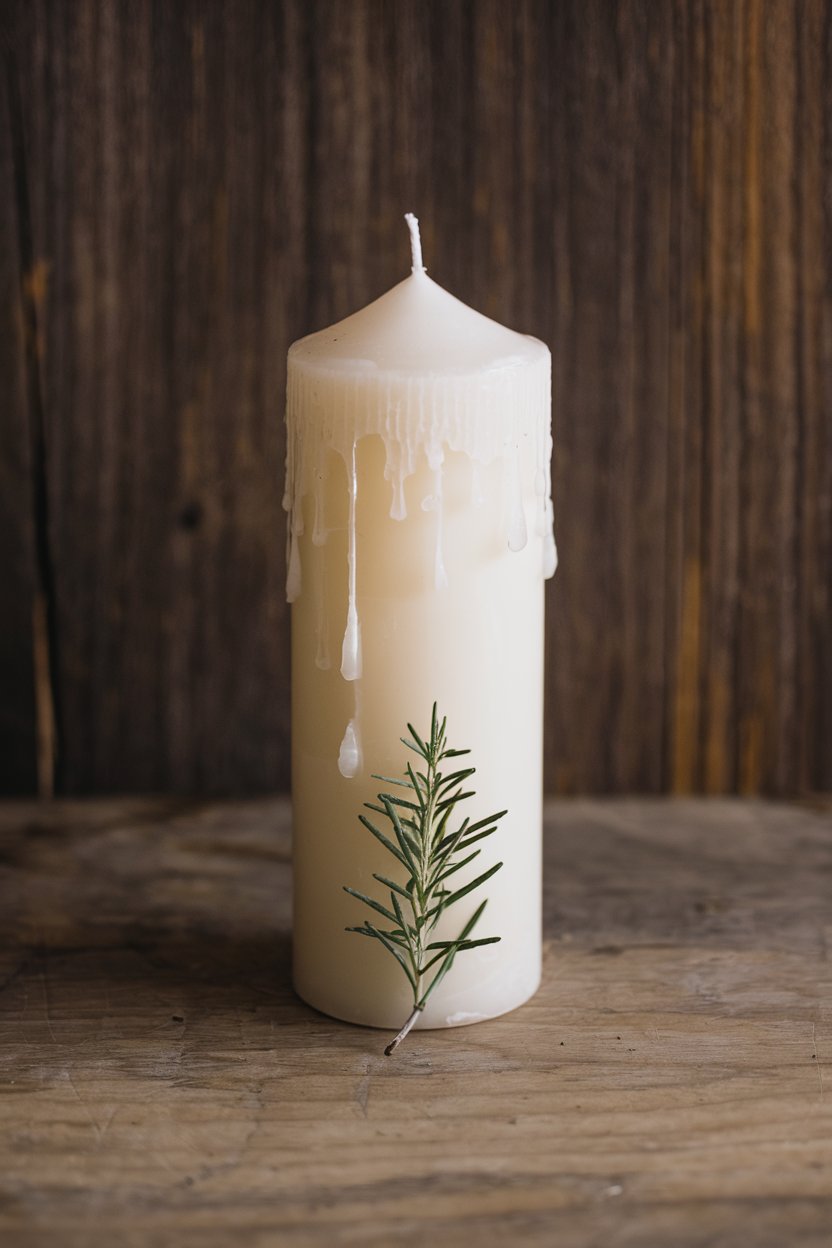Start Simple In Witchcraft A rustic pillar candle with creamy white wax dripping down its sides, adorned with a single sprig of rosemary. The candle sits on a natural wood surface against a backdrop of weathered wooden planks, evoking simplicity and grounding in magical practice.