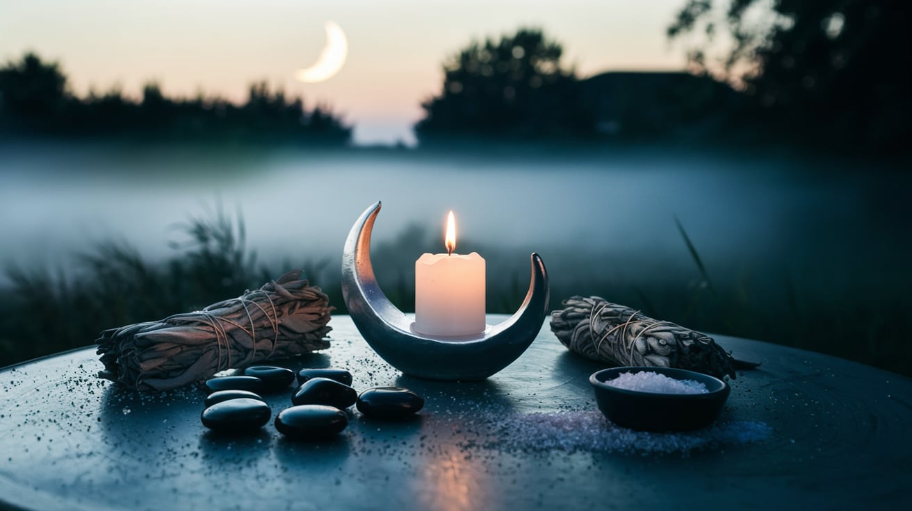 The Meaning of the Crescent Moon A serene crescent moon altar featuring a glowing candle inside a crescent-shaped holder, surrounded by sage bundles, black stones, and salt bowls. Set in a misty outdoor setting with a crescent moon in the sky, ideal for rituals of protection, release, and intention setting.