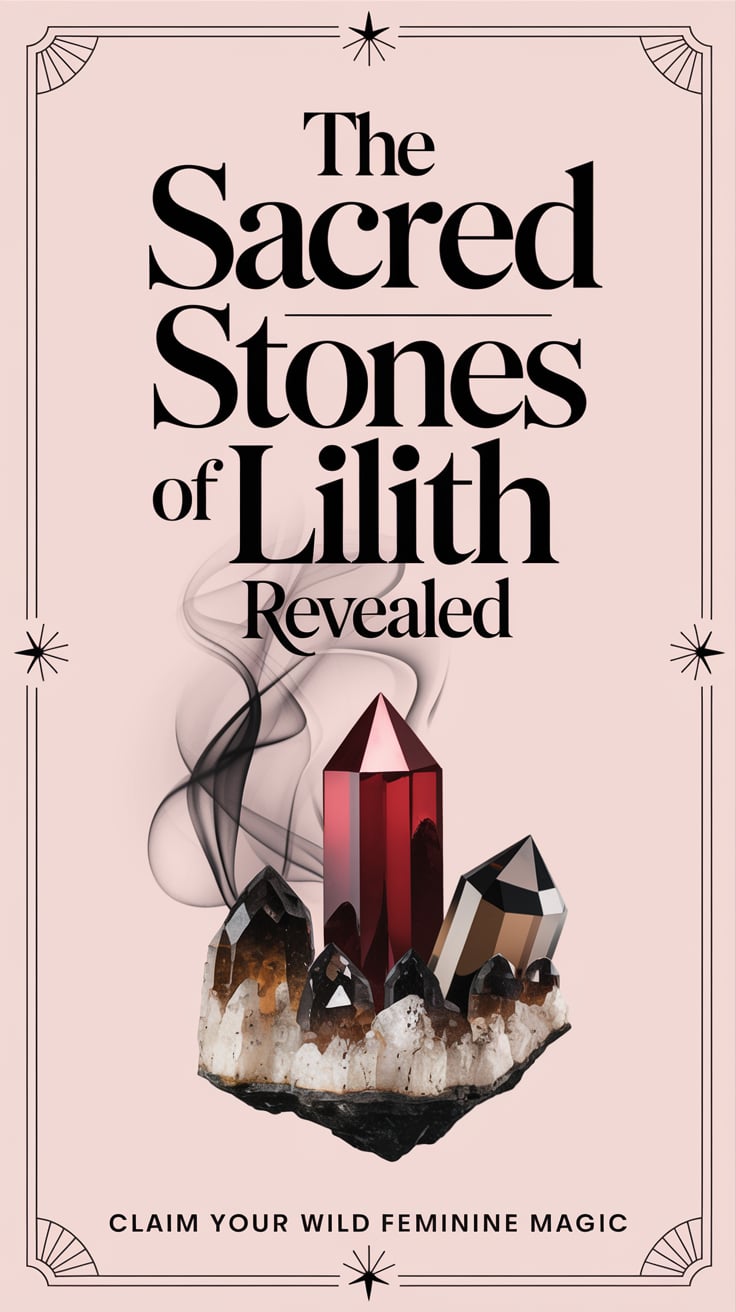 The Sacred Stones of Lilith Revealed ‘The Sacred Stones of Lilith Revealed’ — cinematic serif font, middle placement, smoky aura with garnet and smokey quartz, moody vibe; bottom caption: ‘Claim your wild feminine magic’