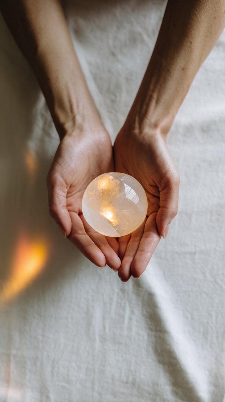 Trusting intuition in magic Hands gently holding a glowing crystal sphere against a soft, white fabric backdrop. The light reflecting from the crystal adds warmth and mysticism, symbolizing inner guidance and intuitive magic.