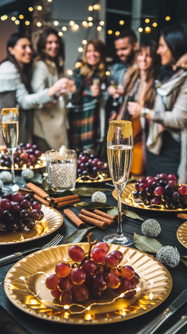 Twelve grapes New Year ritual This table setup highlights the pagan new year tradition of eating twelve grapes at midnight, each symbolizing a wish for the year ahead. Vibrant grape clusters rest on golden plates surrounded by subtle magical elements like bay leaves and fairy lights, blending ancient practices with festive charm. The scene exudes warmth and unity, perfect for new year traditions for couples or larger gatherings. The combination of symbolic food and joyful toasts reflects the beauty of new year traditions food and witchy new year traditions practiced across the world.