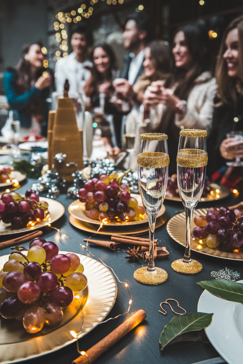 Twelve grapes midnight ritual A festive dining table captures the essence of new year traditions grapes, with golden plates featuring clusters of ripe grapes ready for the midnight ritual. The sparkling gold-rimmed champagne glasses and scattered cinnamon sticks nod to new year traditions food that symbolizes luck and prosperity. Friends toast joyfully in the background, honoring this ancient practice while creating a lively, inclusive environment reminiscent of new year traditions around the world. This timeless tradition brings together old and new in a perfect celebration.