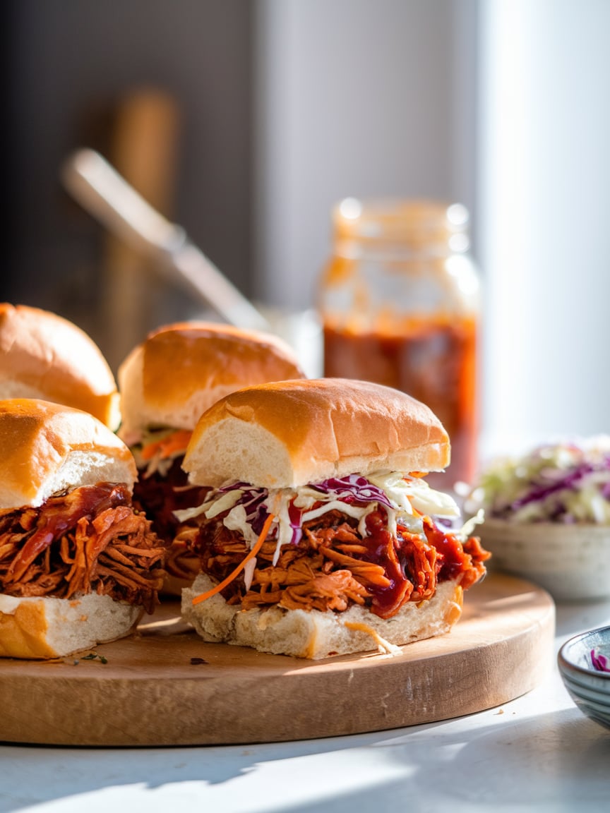 A closeup of vegan BBQ sliders featuring juicy pulled jackfruit coated in a smoky sauce and topped with colorful coleslaw. The toasted mini buns frame the filling, while details like the rich texture of the jackfruit and the freshness of the coleslaw stand out. The soft focus in the background includes a jar of BBQ sauce and scattered herbs.