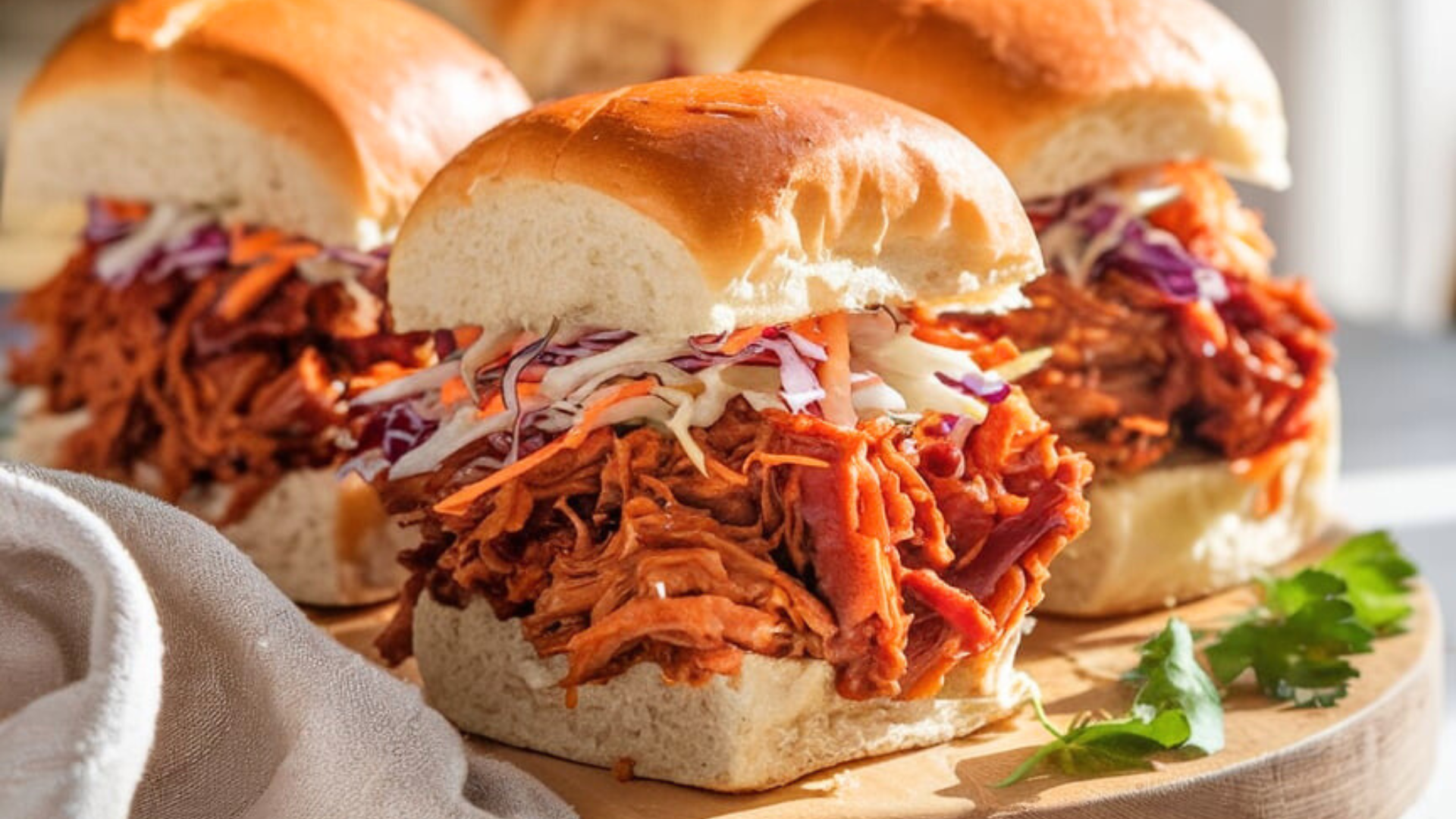 A clean, bright image of vegan BBQ pulled jackfruit sliders arranged neatly on a wooden board. The sliders are topped with vibrant coleslaw featuring purple cabbage and carrots, with a glistening layer of smoky BBQ sauce dripping slightly. The scene is enhanced with sprigs of fresh herbs, soft beige napkins, and natural light streaming in from the side, casting soft shadows.
