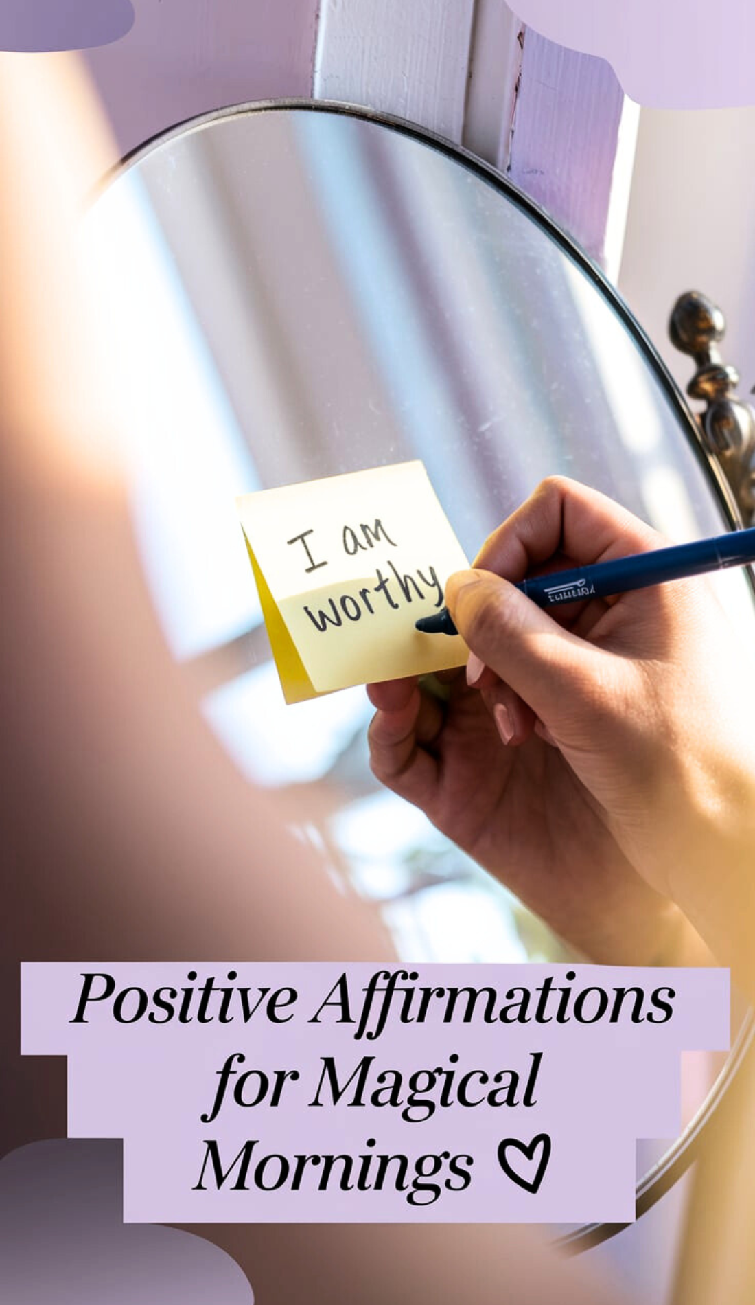 A hand writes 'I am worthy' on a sticky note placed on a small mirror, with soft natural light in the background. Perfect for morning affirmations to start your day, focusing on positive prayers, inspirational affirmations, and a healing morning routine. Highlights witch spirituality and women affirmations for mental and emotional health.