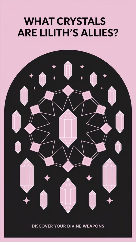 ‘What Crystals Are Lilith’s Allies?’ — minimal bold font, upper third, pastel dark hues with crystals arranged in a sacred circle; bottom caption: ‘Discover your divine weapons’