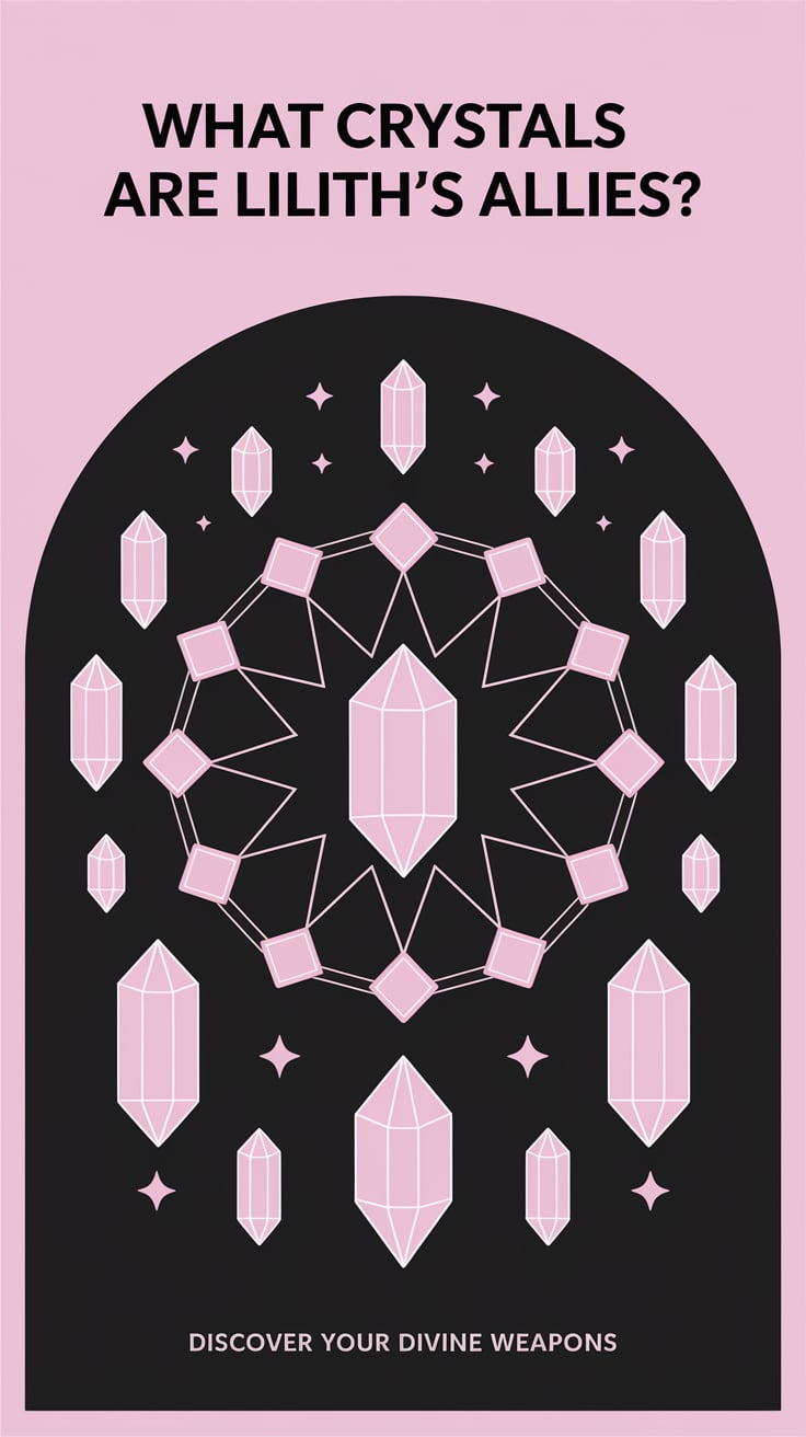 ‘What Crystals Are Lilith’s Allies?’ — minimal bold font, upper third, pastel dark hues with crystals arranged in a sacred circle; bottom caption: ‘Discover your divine weapons’