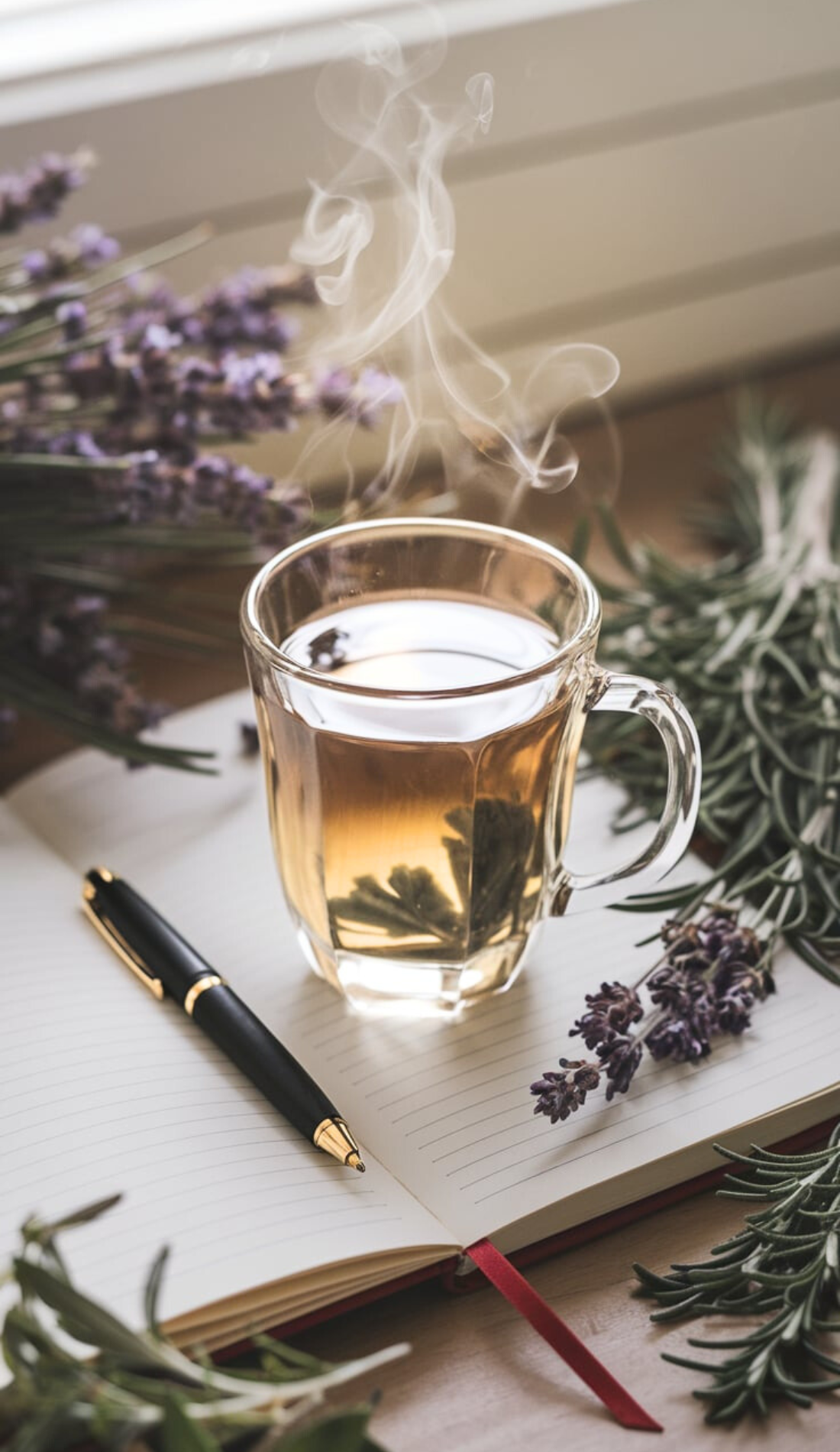 A clear glass mug of herbal tea sits on an open notebook with a pen, surrounded by lavender sprigs. The steam rises delicately, creating a calming morning ritual aesthetic. Highlights a holistic morning routine with mental clarity, grounding, and productivity in mind.