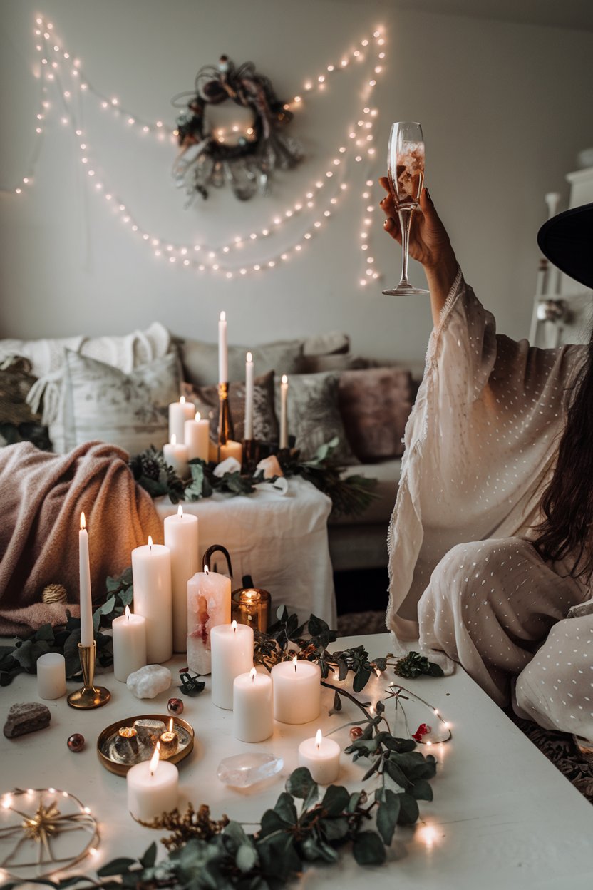 Witchy New Year traditions This cozy bohemian setting celebrates witchy new year traditions with a beautiful altar adorned with candles, greenery, and crystals. The soft light creates a warm and inviting atmosphere, ideal for practicing pagan new year traditions like intention-setting and energy cleansing. A raised champagne glass symbolizes the blend of ancient rituals and modern connections, creating a meaningful space for new year traditions for couples or gatherings with loved ones. The decorations reflect themes of prosperity and unity inspired by new year traditions around the world.