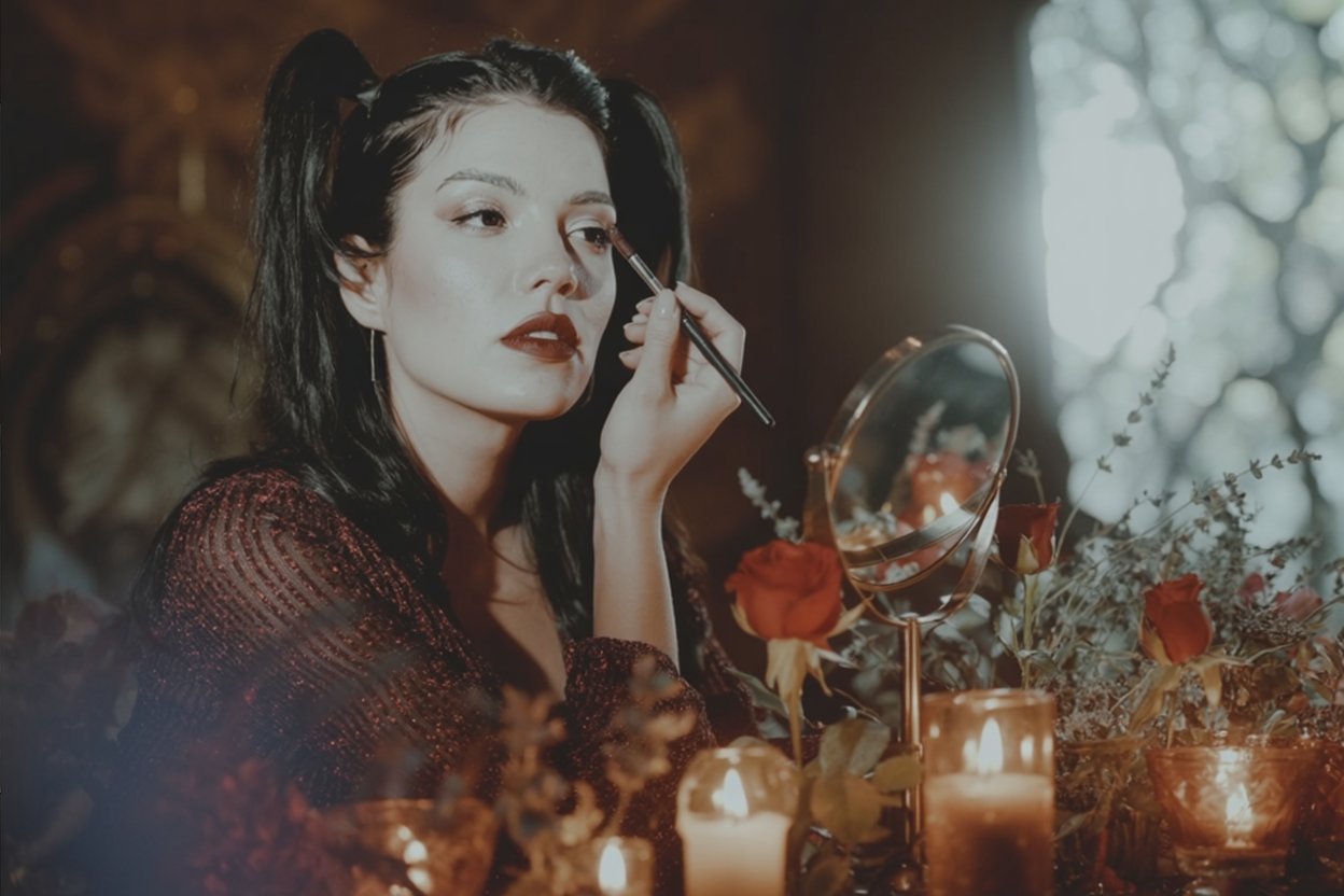 Woman in burgundy sweater applying deep red lipstick at vanity surrounded by lit candles and red roses, capturing the ritual of creating Hekate-inspired makeup looks with torchlight and transformative beauty magic.