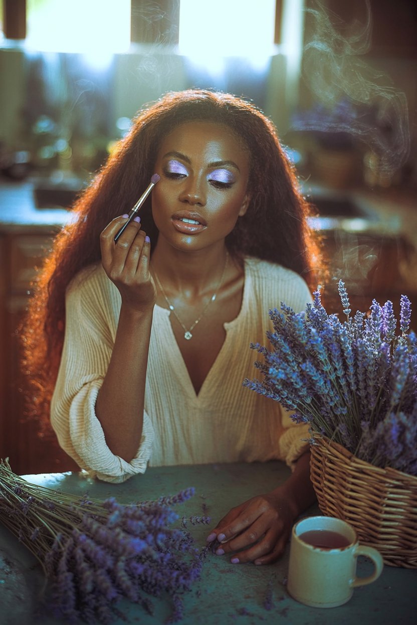 Woman in cream sweater with light lavender shadow and pearl highlights preparing morning routine beside fresh lavender bundles, embodying Hekate's gentle magical ties to herbs and soft witchy dawn energy.
