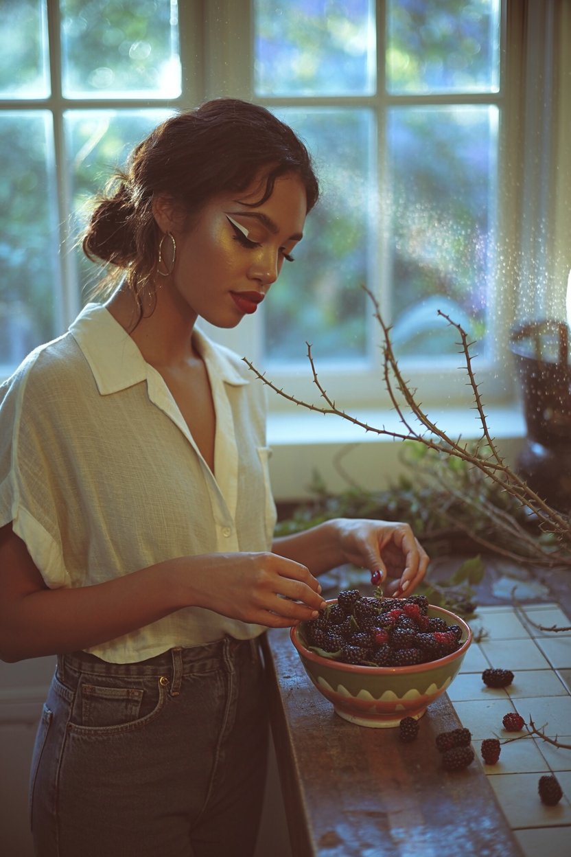 Woman in cream linen shirt with geometric black graphic eyeliner and oxblood lips arranging blackberries in bright kitchen, representing Hekate's sharp transformative fire energy with angular thorny symbolism for the second makeup look.