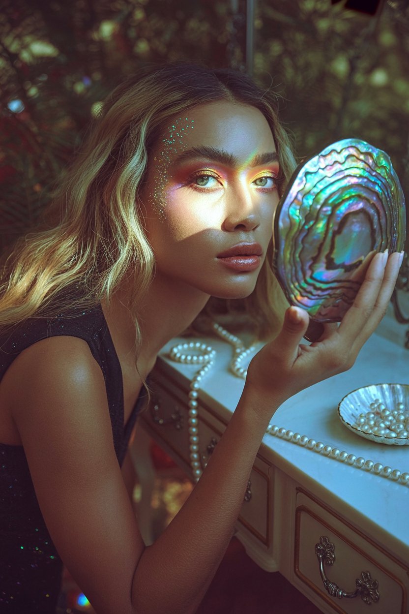 Woman with holographic shimmer highlight examining her reflection in an abalone shell surrounded by pearls, capturing Hekate's moonlit radiance and iridescent lunar glow for the pearl-accented highlight look.