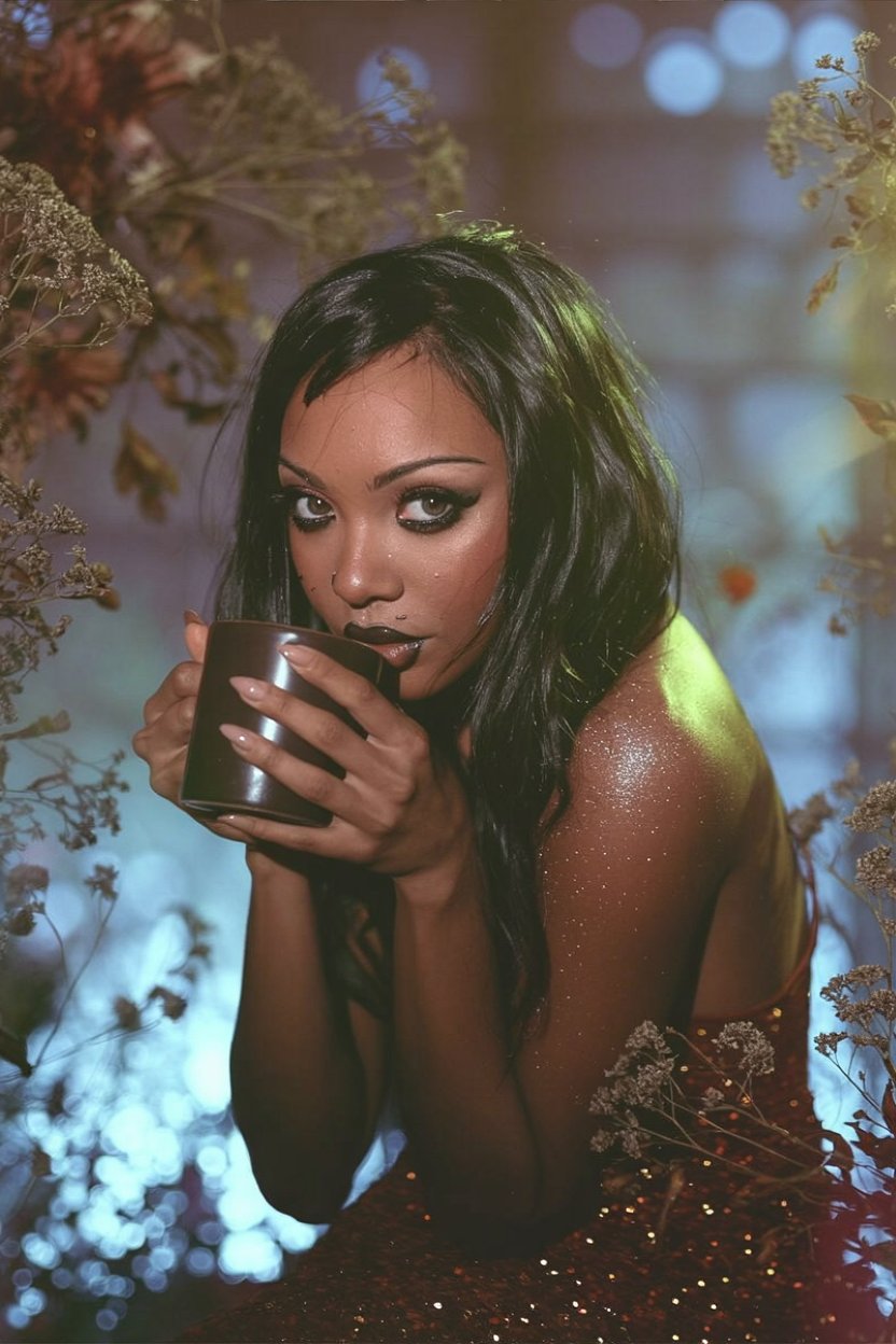 Woman with matte black eyeshadow and scattered glitter drinking from dark mug surrounded by dried autumn botanicals, representing Hekate's starry underworld with souls as stars for the glitter shadow look.